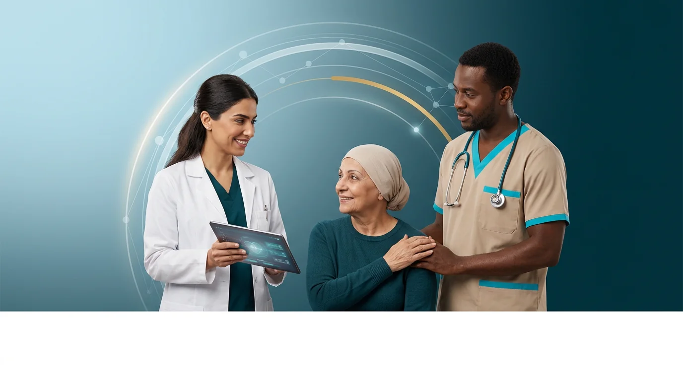 A multidisciplinary care team supporting a patient through digital healthcare.