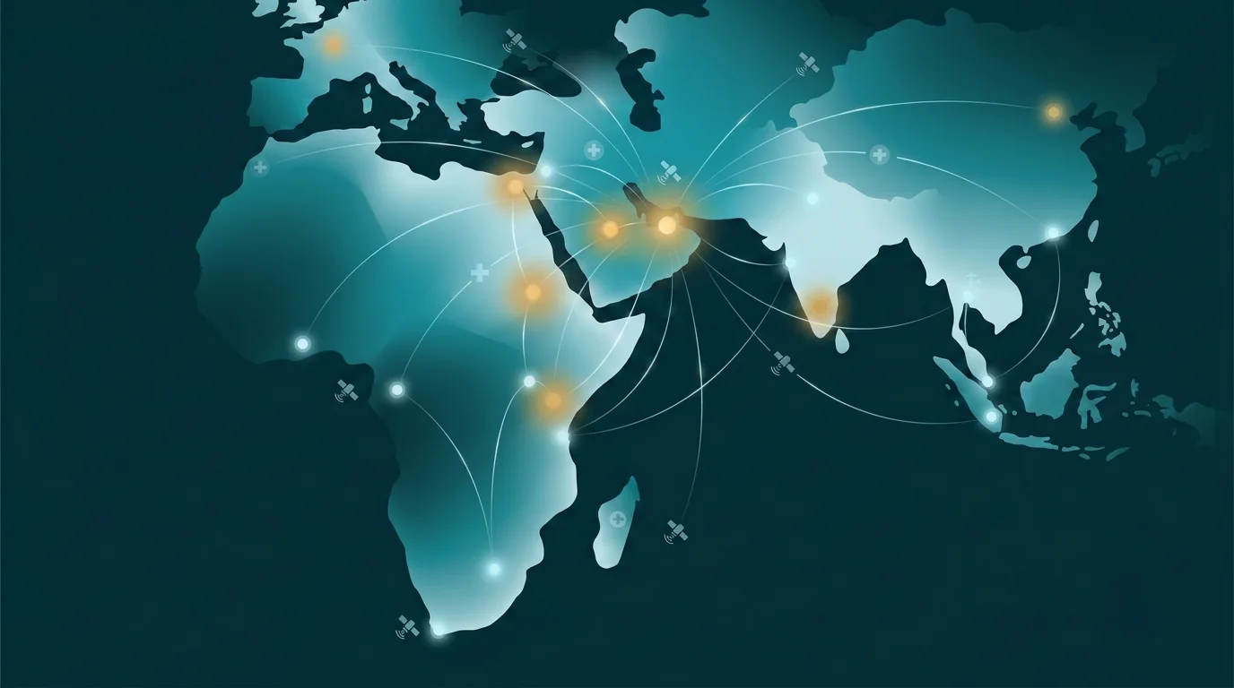 Illustrative digital network map connecting regions across Africa and the Middle East.