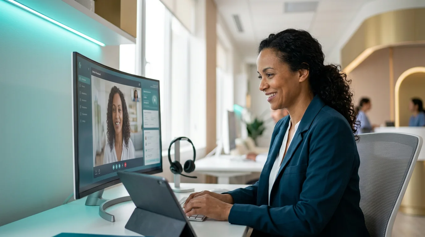 A telemedicine professional coordinating a secure video consultation.
